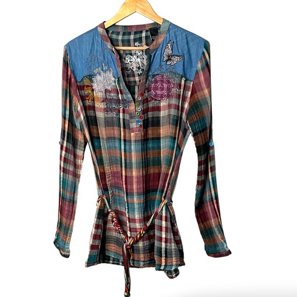 DESIGUAL Blus Sully 100% Cotton Tunic Top Roll Tab Long Sleeve w/ Waist Tie XL - Picture 2 of 12